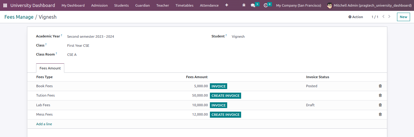 Screenshot of fees structure in odoo university management software